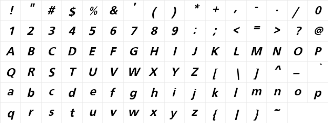 Basler Oblique  Bold Bold  glyph index