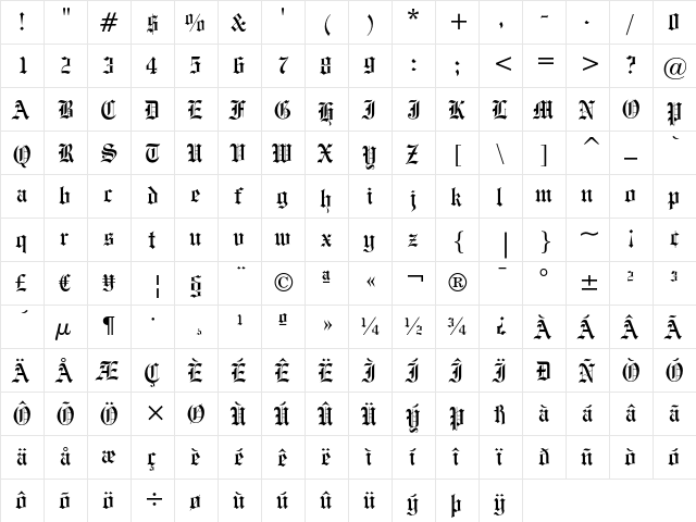 Engravers' Old English Regular  glyph index