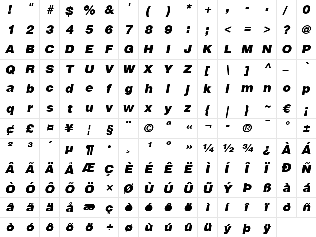 Helvetica LT Black Italic  glyph index