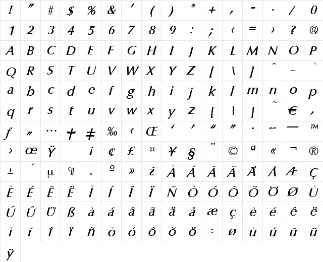 Columbia-MediumIta Regular  glyph index