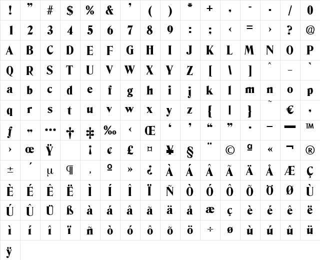 Denver-ExtraBold Regular  glyph index