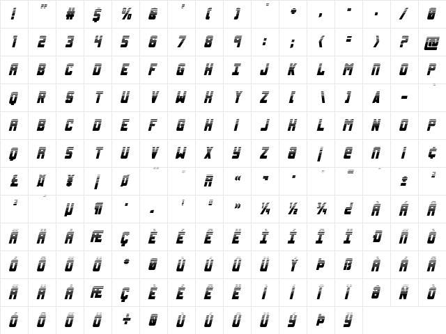 Urban Defender Halftone Italic Italic  glyph index