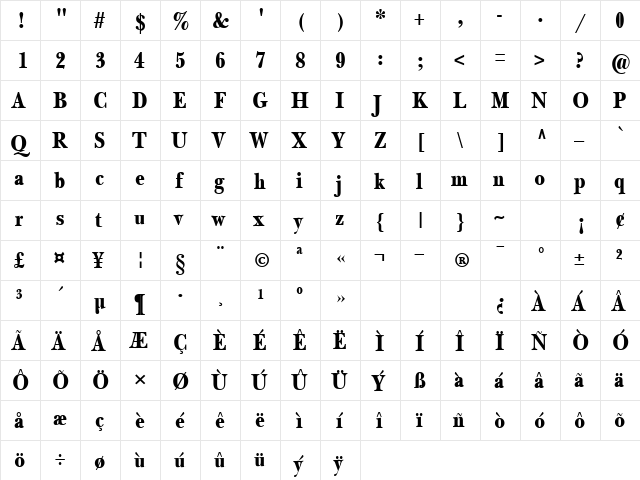 NewBaskerThin Bold  glyph index