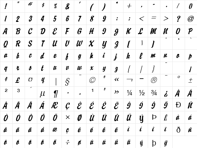Brisk Extended Italic  glyph index