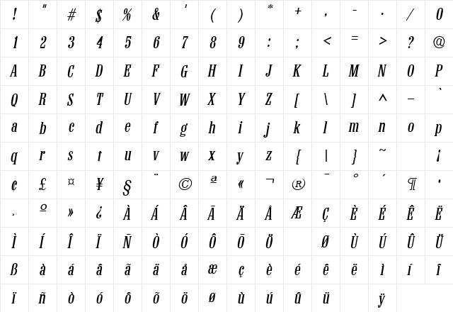 Colonel Italic  glyph index
