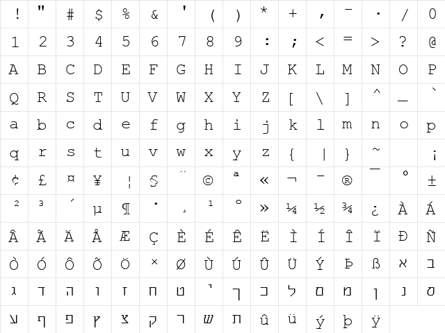 Web Hebrew Monospace Regular  glyph index
