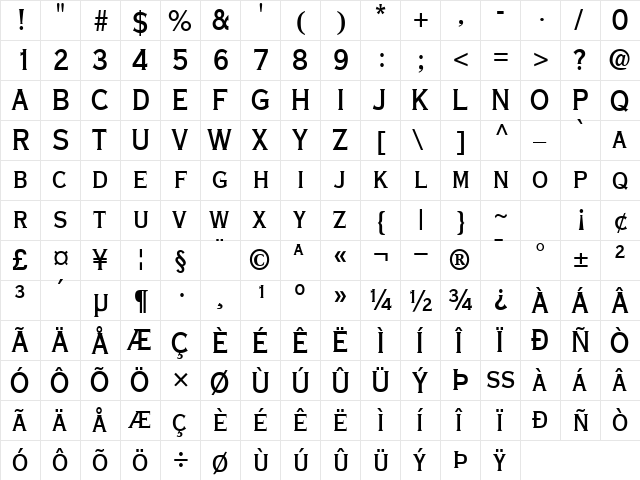 Font Regular  glyph index