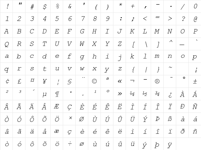 Courier PS MT Std Italic  glyph index