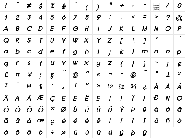 Typo Grotesk Bold Italic  glyph index