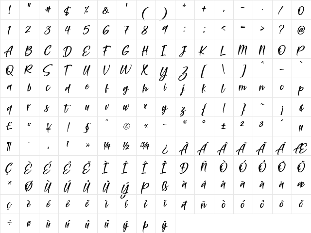 Feltarigo Regular  glyph index