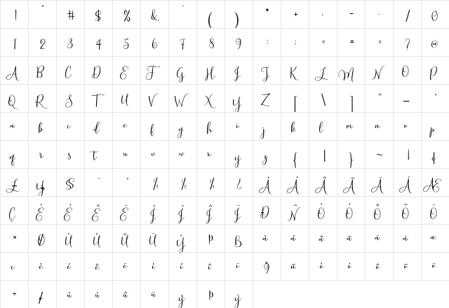 Hello Sunrise Script Regular  glyph index