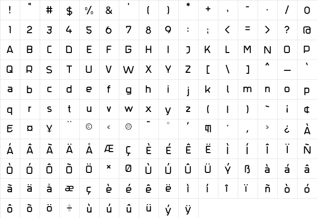 Trak Regular  glyph index