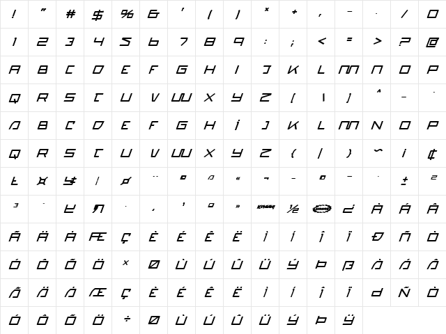 Quasitron Bold Italic Bold Italic  glyph index