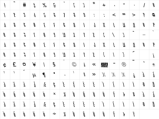 GreatReliefBackslant Regular  glyph index