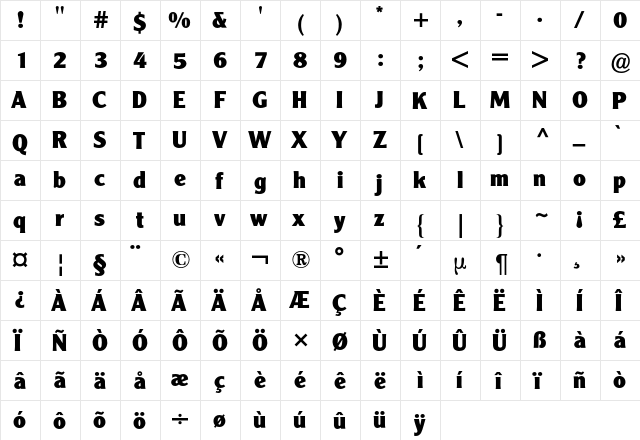 Clearface Gothic BQ Regular  glyph index