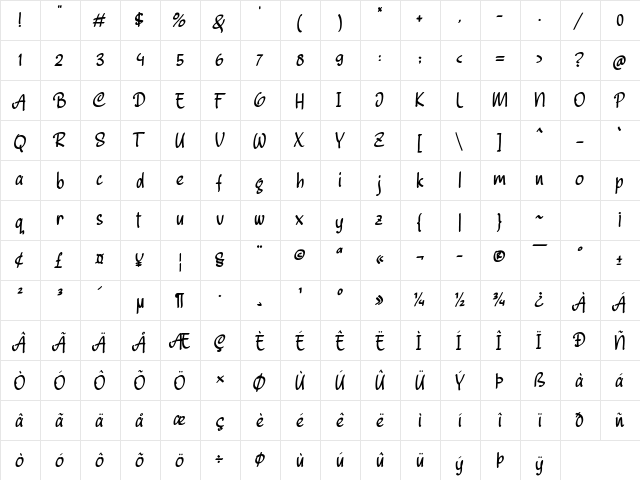 Beckhand Regular  glyph index