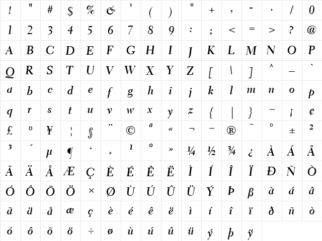 ElectraLHCursiveDisplay BoldItalic  glyph index