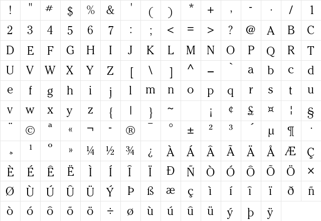 ITC Cheltenham Std Light  glyph index