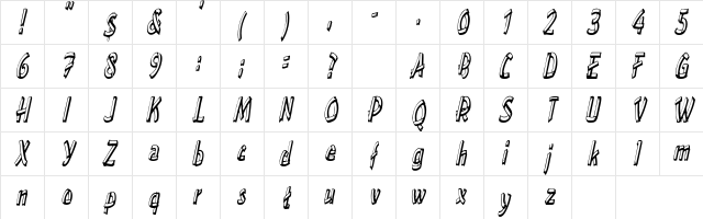 TreehouseCondensed Oblique  glyph index
