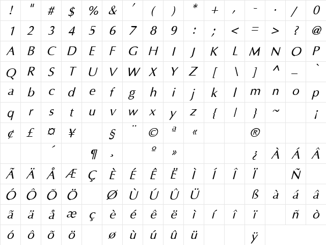 Friends 32 Italic  glyph index