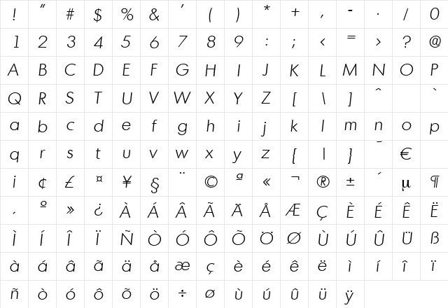 Montreal-LightIta Regular  glyph index