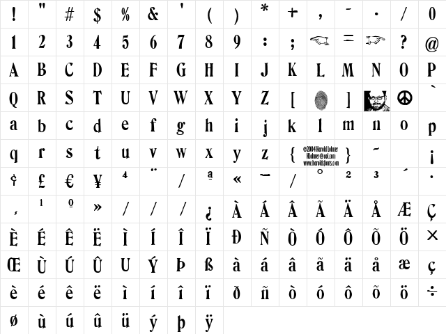 Columbia Stamp Regular  glyph index