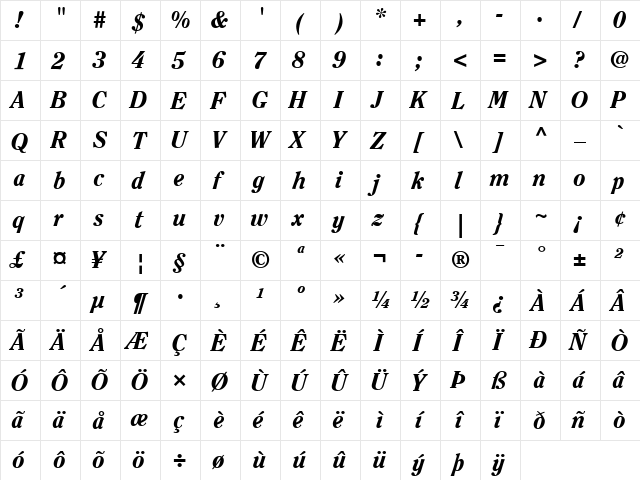 Clearface LT Regular Bold Italic  glyph index