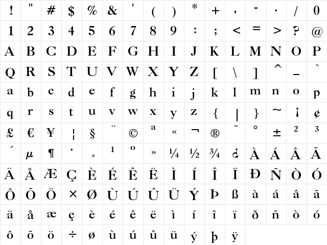 Caslon Bold Regular  glyph index