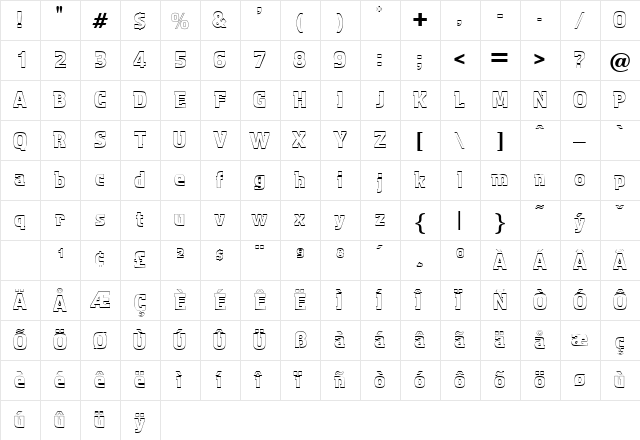 AquariusOutline DB Regular  glyph index