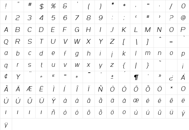 SF Arborcrest Light Oblique  glyph index