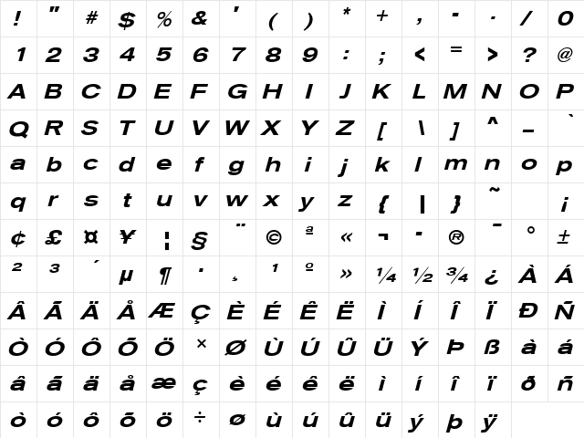 Sage Extended Medium Oblique  glyph index