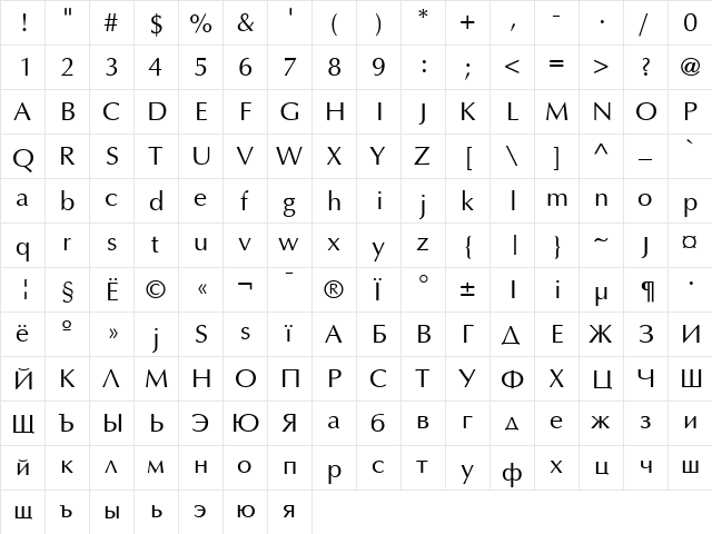 AGOptimaCyr Roman  glyph index