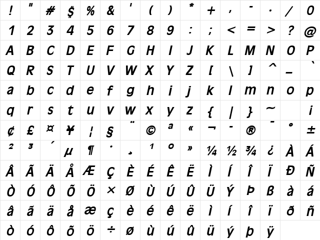 Antiqua 101 BoldItalic  glyph index