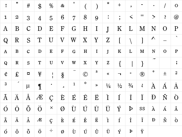 CenturyOldStySCTReg Regular  glyph index