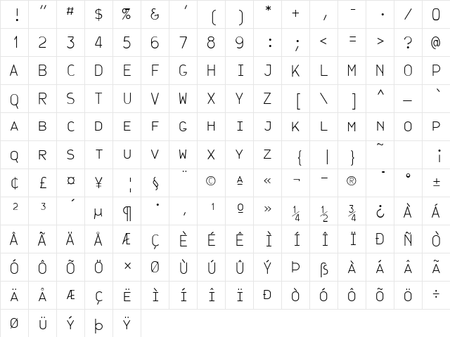 JetJaneMonoCapsThin Regular  glyph index