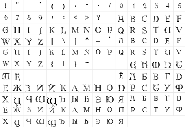 Lasombra DeRoos Cyr Regular  glyph index