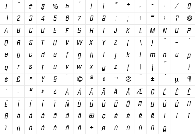 Diamante-Serial RegularItalic  glyph index