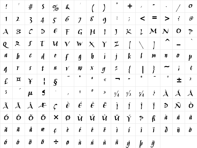 Humana Script ITC Bold  glyph index