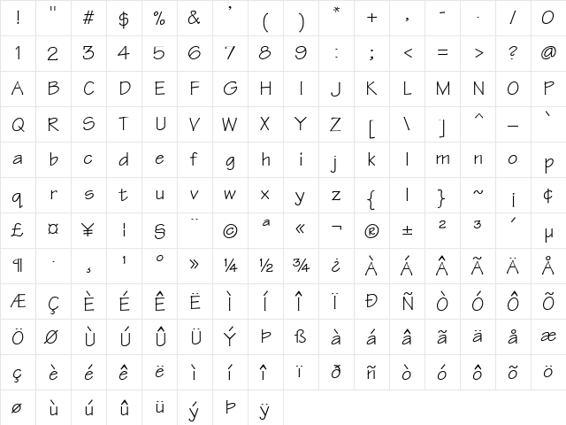 Technical Regular  glyph index