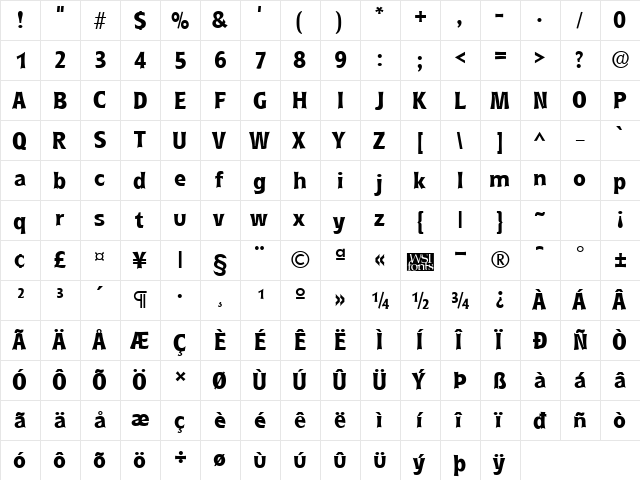 RyndersExtrabold Regular  glyph index