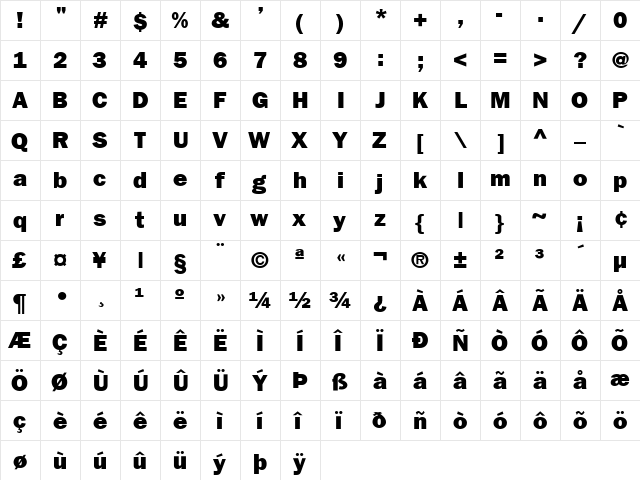 FrankfurtGothicHeavy Regular  glyph index