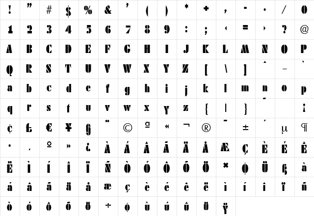 DekoBlackCondSerial Regular  glyph index