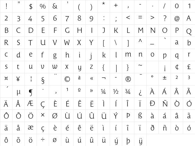 Costa Ptf Light  glyph index