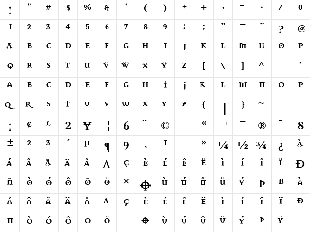 MasonSerifSuperBold Regular  glyph index