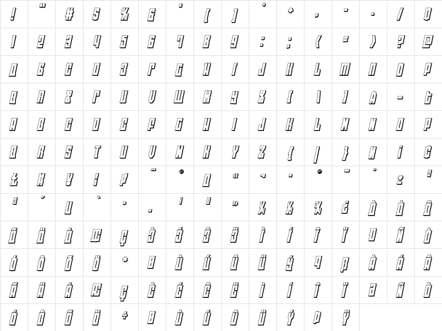EAST-west 3D Italic Italic  glyph index