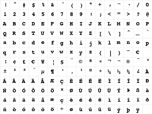 Courier10 BT Bold  glyph index