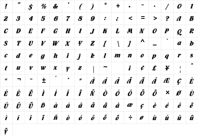 Flamenco Inline Std Regular  glyph index