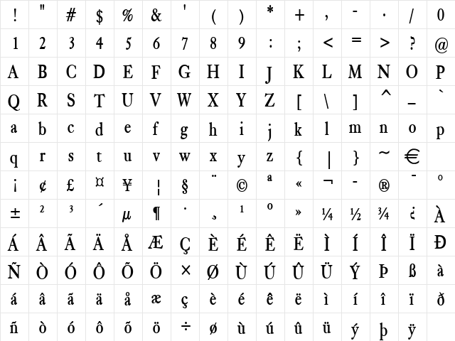 BlissCondensed Bold  glyph index