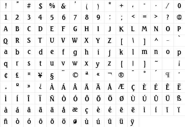 Seabird SF Regular  glyph index