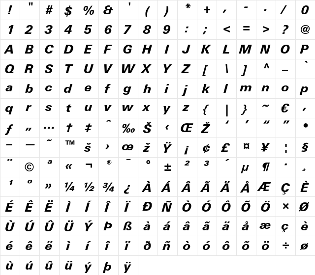 LTUnivers 731 BasicHeavyIt  glyph index